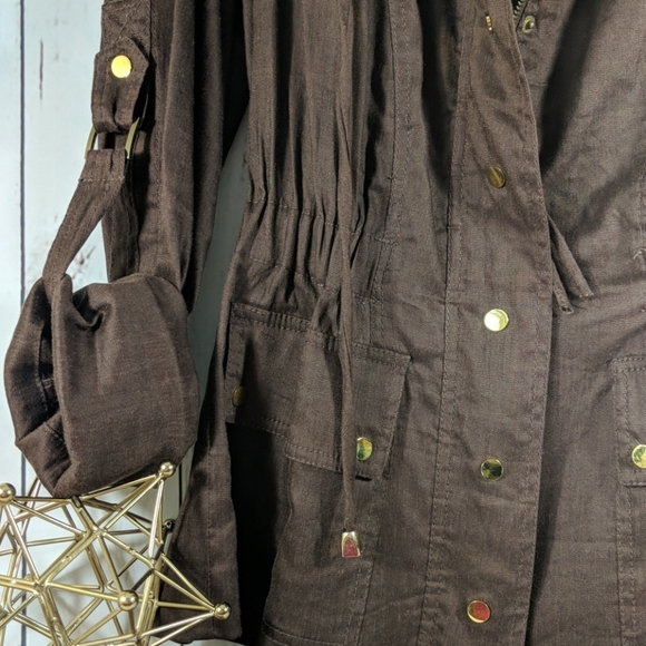Cache Brown Linen Lightweight Fall Jacket Gold Accents XS Quiet Luxury Rich NWT - Picture 9 of 16